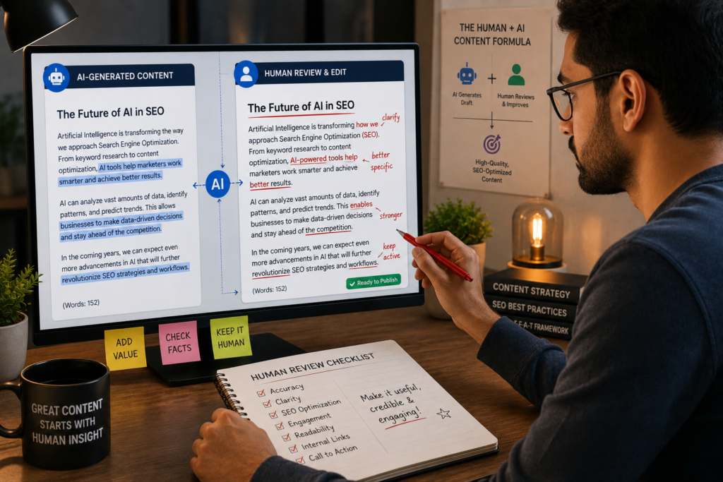 Writer editing AI-generated content before publishing