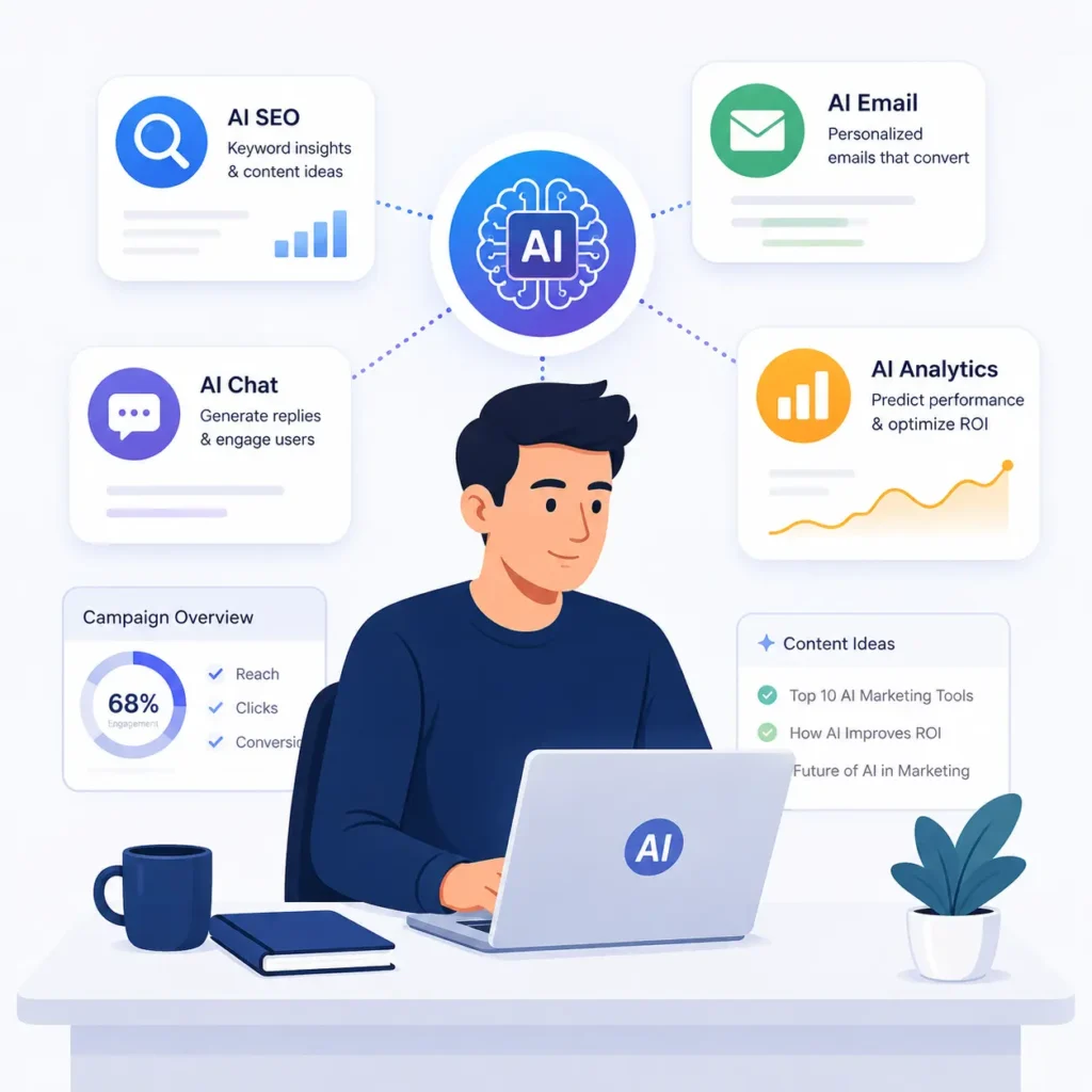 Best AI marketing tools in 2026 dashboard illustration for SEO, content, email, and automation