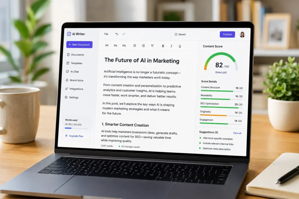 Laptop screen showing AI writing software with a content score panel