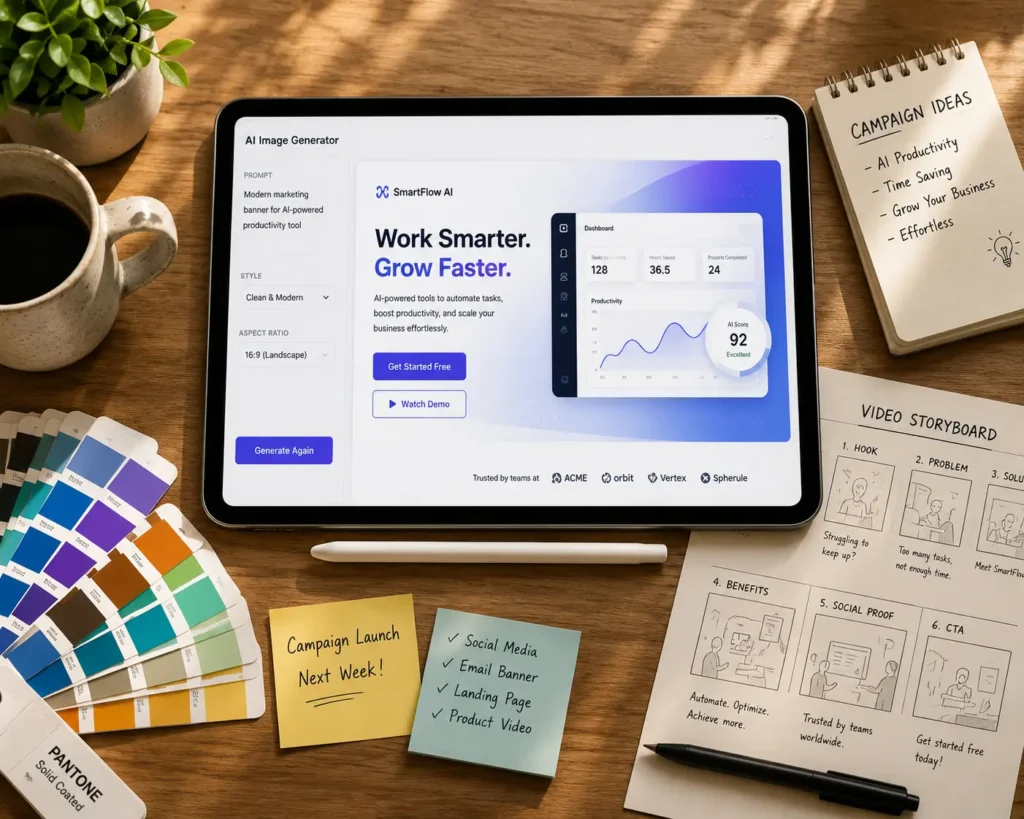 Creative workspace with tablet displaying an AI-generated marketing design