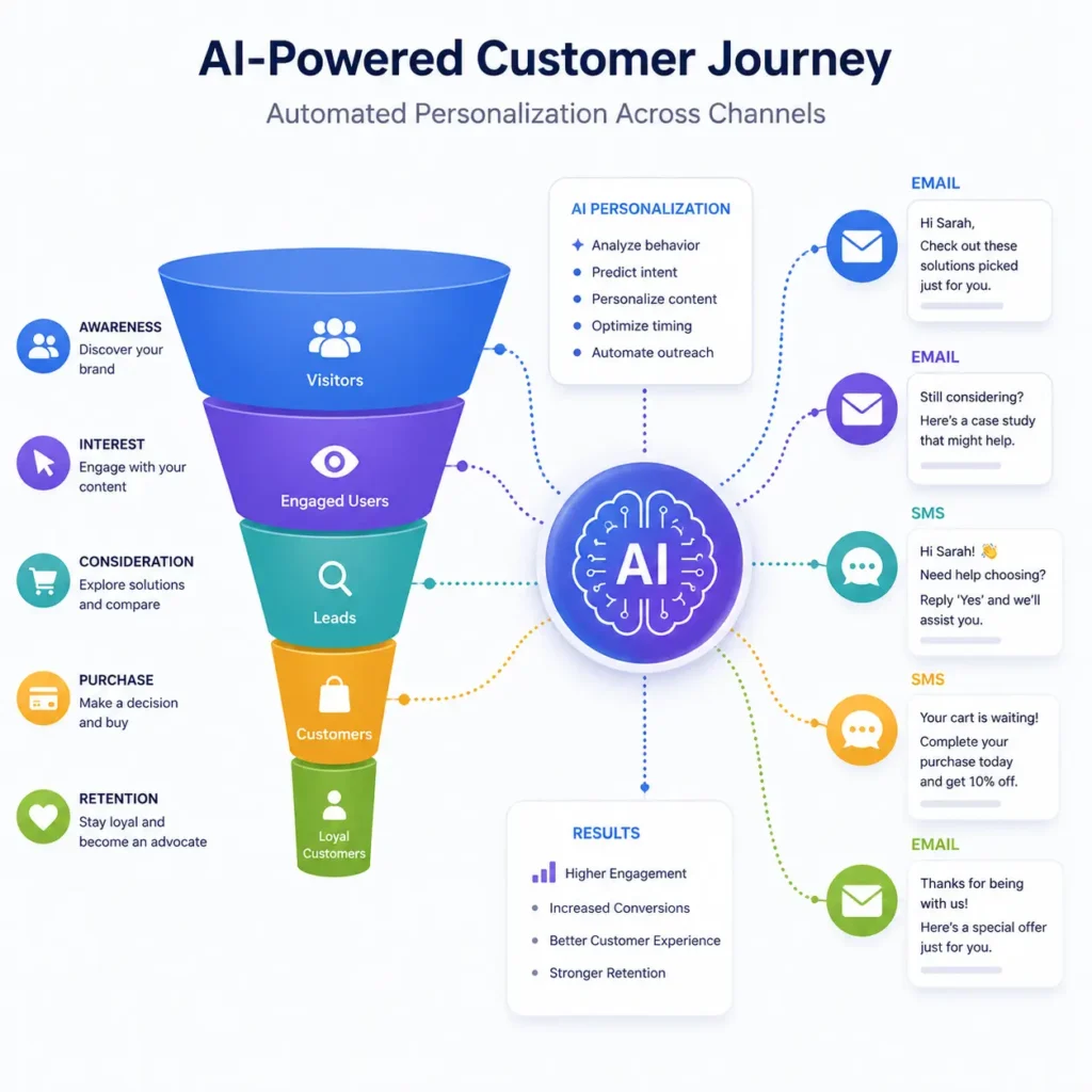 Customer journey funnel with AI-powered email and SMS automation