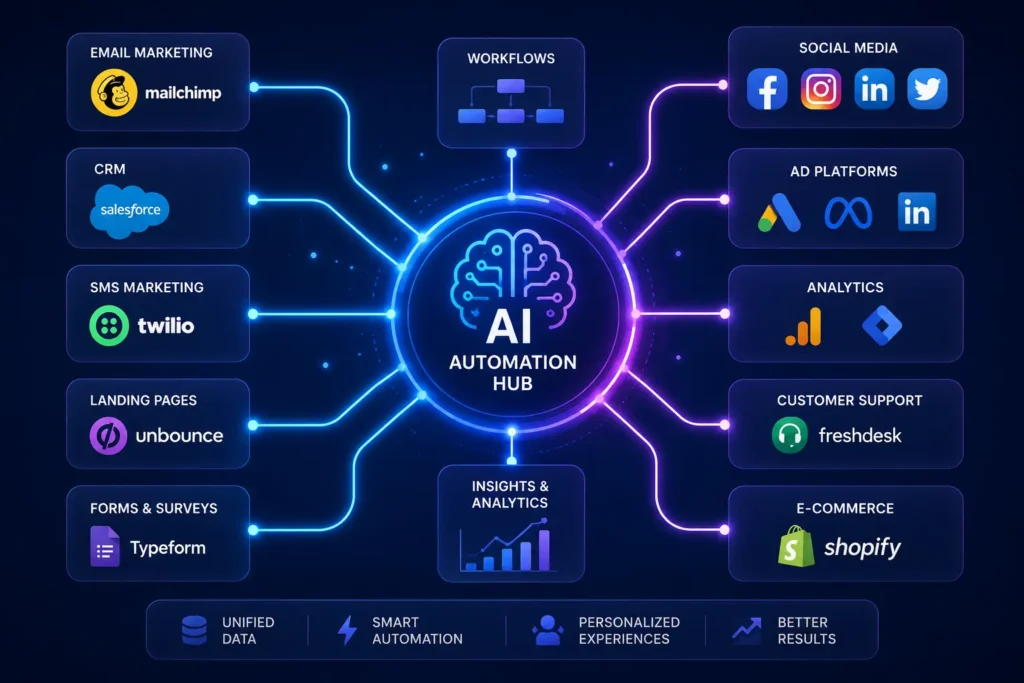 Connected marketing apps linked to a central automation hub