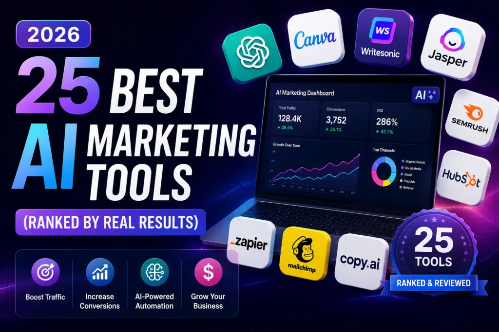 25 best AI marketing tools in 2026 displayed around an AI marketing dashboard with SEO, ads, content, analytics, and automation