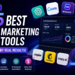 25 best AI marketing tools in 2026 displayed around an AI marketing dashboard with SEO, ads, content, analytics, and automation