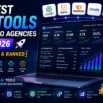 Best AI tools for SEO agencies in 2026 shown on an AI SEO dashboard with rankings, traffic, backlinks, and ROI