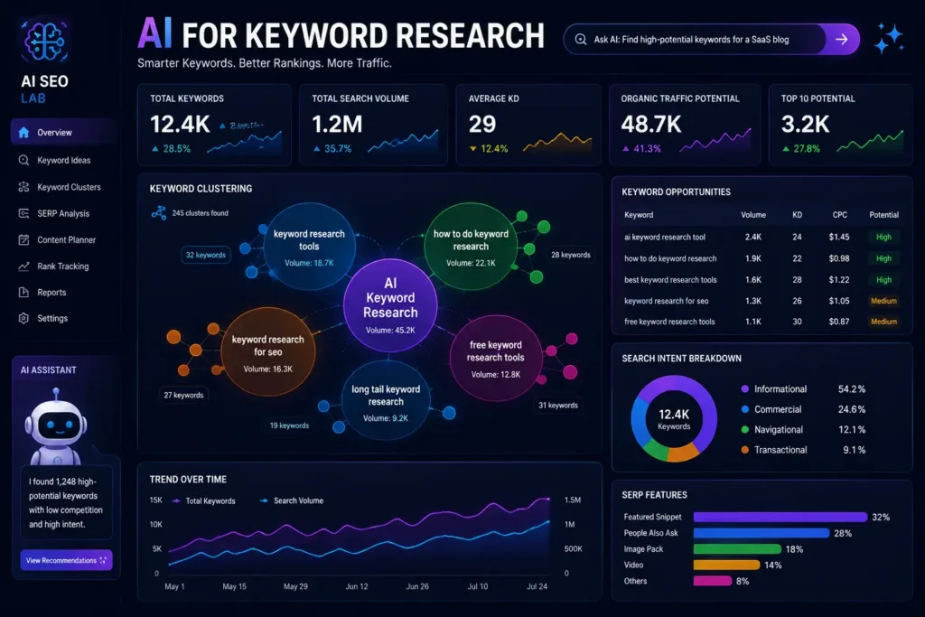 AI keyword research dashboard showing keyword clusters, search volume, SEO difficulty, search intent, keyword opportunities, and traffic trends