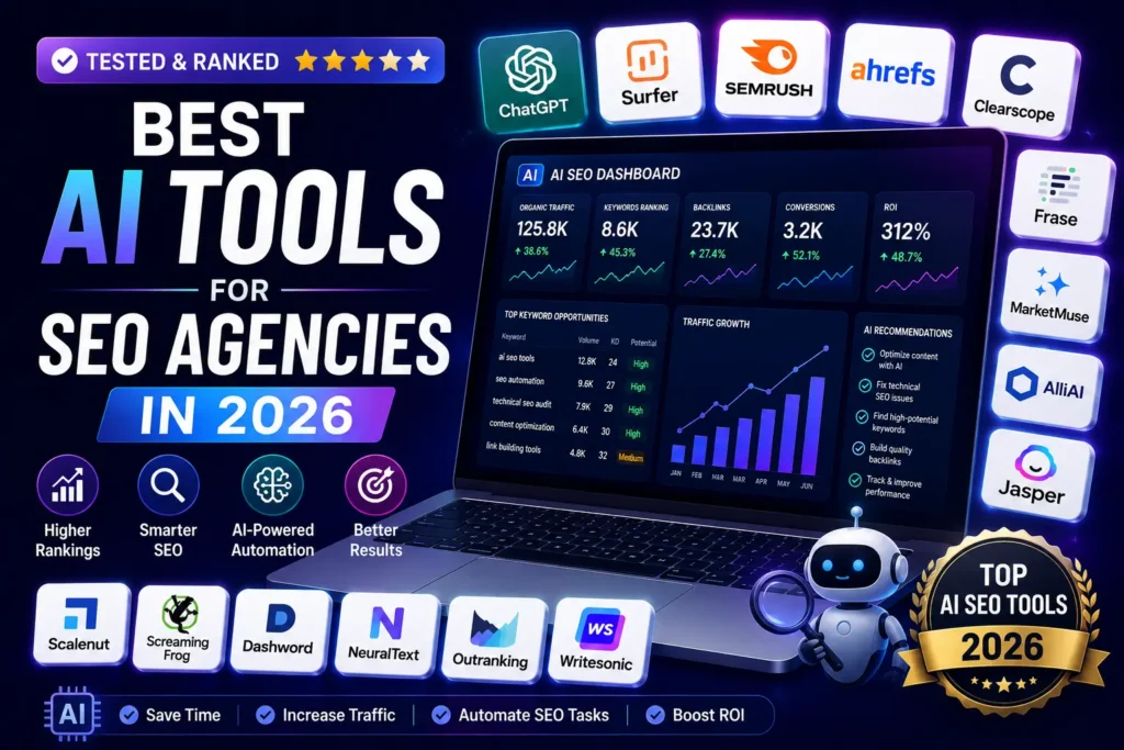 Best AI tools for SEO agencies in 2026 displayed on an AI SEO dashboard with rankings, traffic, keywords, backlinks, and ROI