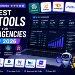 Best AI tools for SEO agencies in 2026 displayed on an AI SEO dashboard with rankings, traffic, keywords, backlinks, and ROI