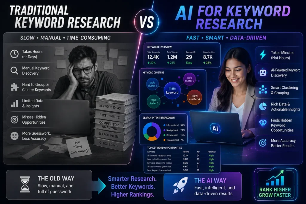 Comparison of traditional keyword research and AI for keyword research showing keyword clustering, search intent, SEO data, and keyword opportunities.