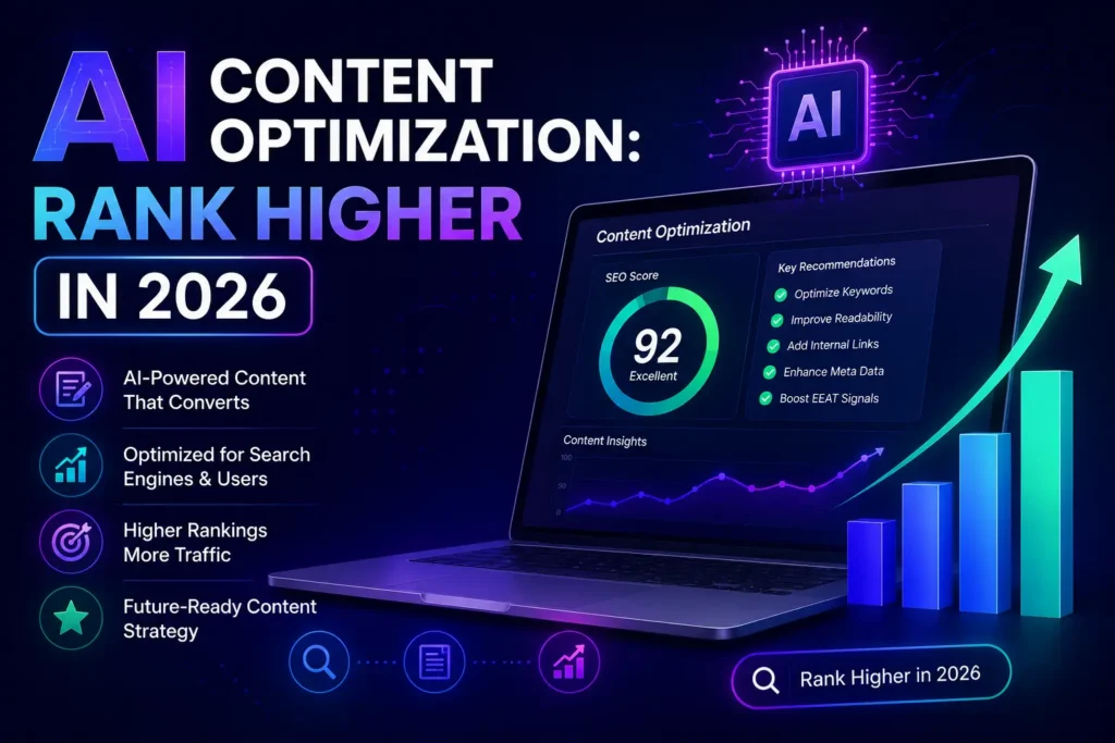 AI content optimization dashboard showing SEO improvements and higher rankings in 2026