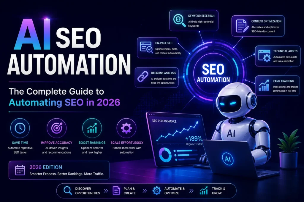 AI SEO automation dashboard showing automated keyword research, content optimization, technical audits, and rank tracking