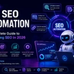 AI SEO automation dashboard showing automated keyword research, content optimization, technical audits, and rank tracking
