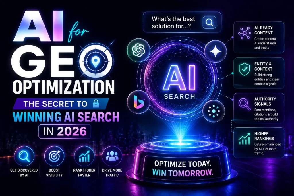 AI for GEO Optimization showing AI search visibility, content optimization, and higher rankings in 2026