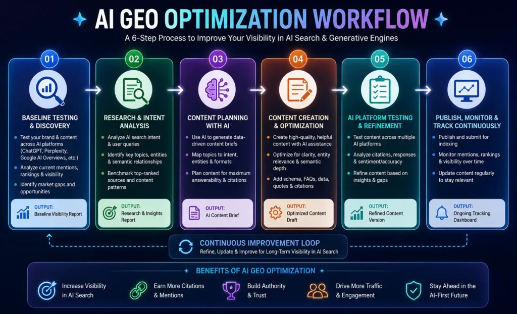 GEO optimization workflow diagram showing six steps