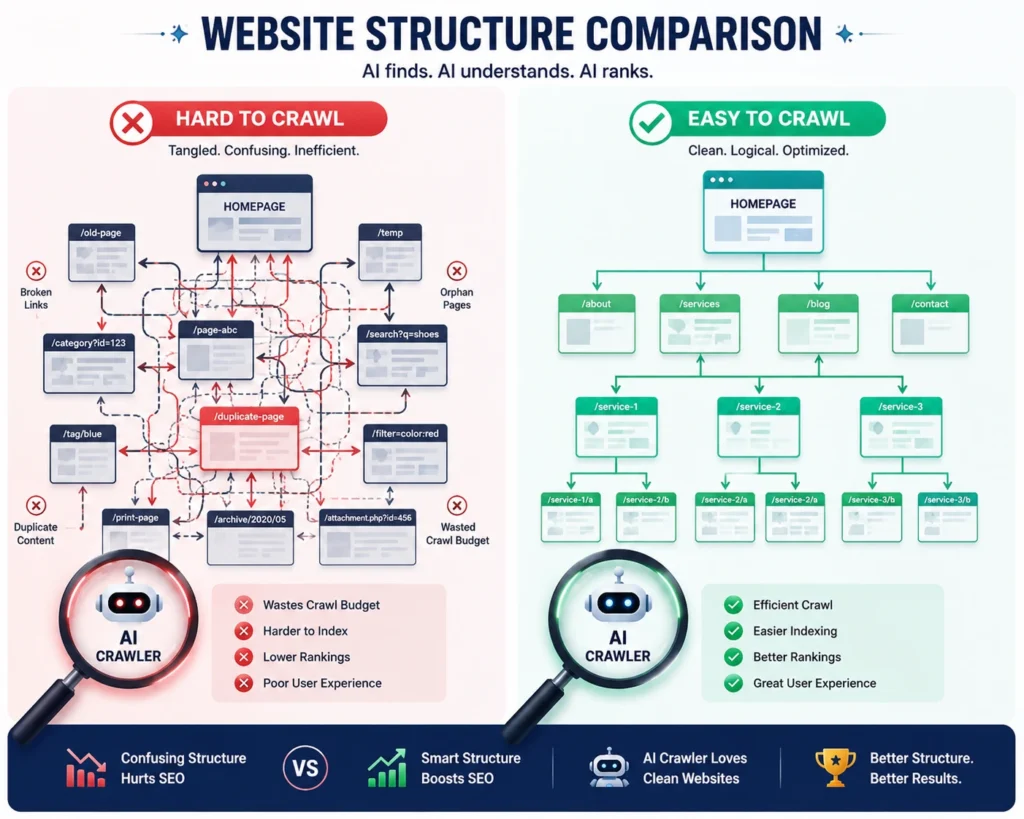 Website structure comparison for AI finds,AI understand and AI ranks.