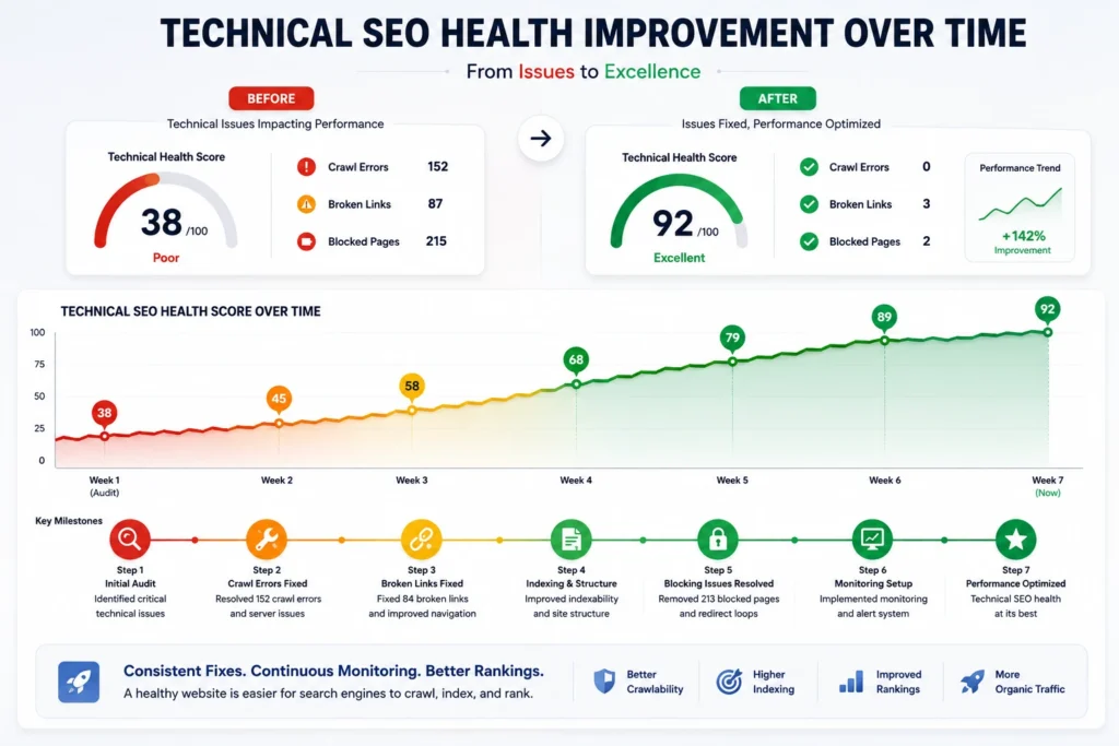 A before-and-after illustration showing a website's technical health 