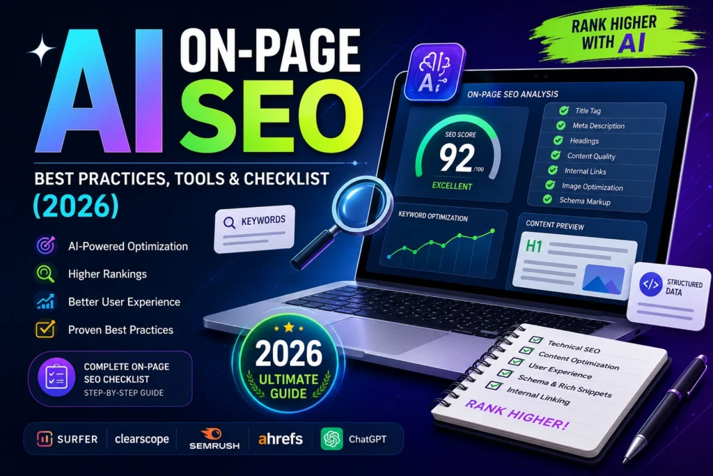 AI on-page SEO dashboard showing content optimization, keyword analysis, SEO score, and checklist for 2026
