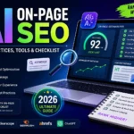 AI on-page SEO dashboard showing content optimization, keyword analysis, SEO score, and checklist for 2026