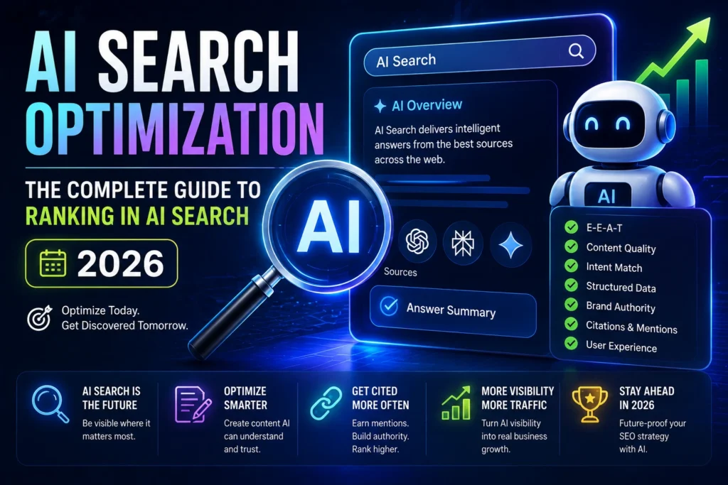 AI Search Optimization dashboard showing AI search visibility, content quality, citations, and ranking factors