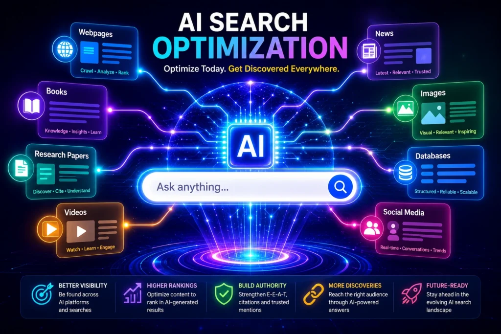 AI Search Optimization illustration showing a search bar connected to glowing AI data nodes