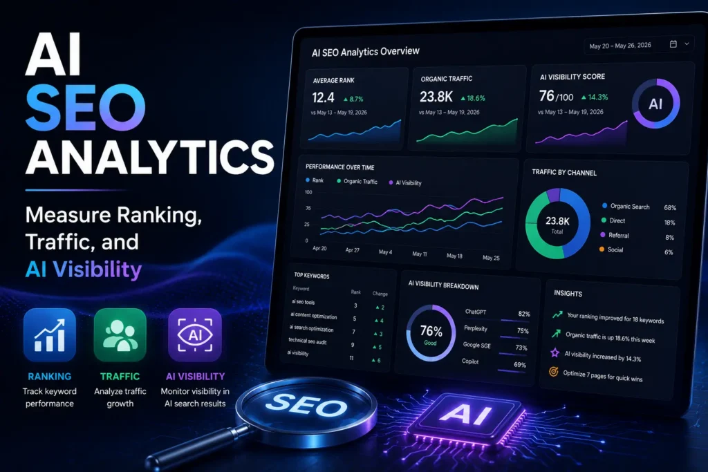 AI SEO Analytics dashboard measuring search rankings, organic traffic, and AI visibility