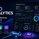 AI SEO Analytics dashboard measuring search rankings, organic traffic, and AI visibility
