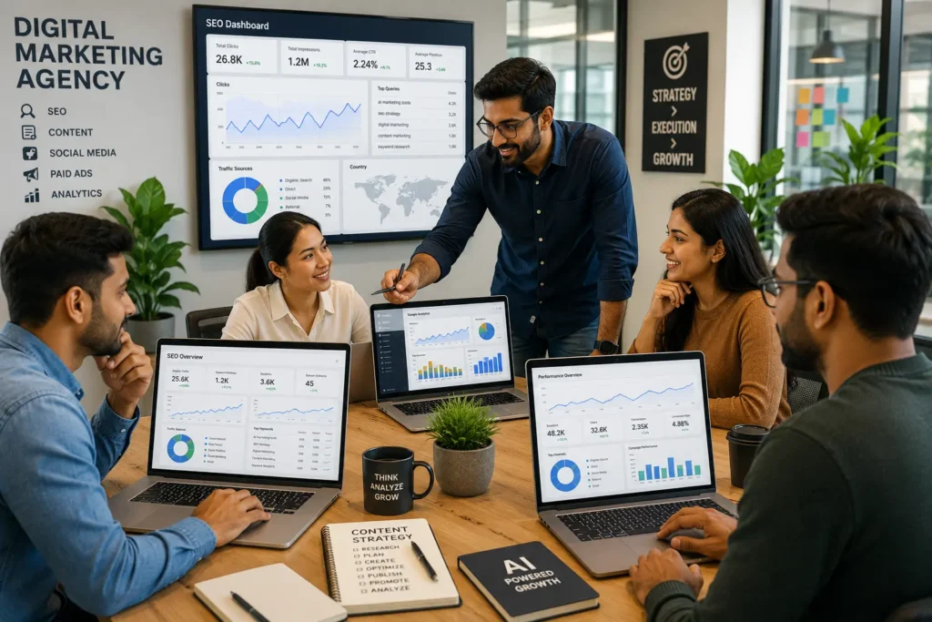 A modern digital marketing agency office with team members collaborating around laptops showing SEO dashboards and analytics charts, bright and professional atmosphere.