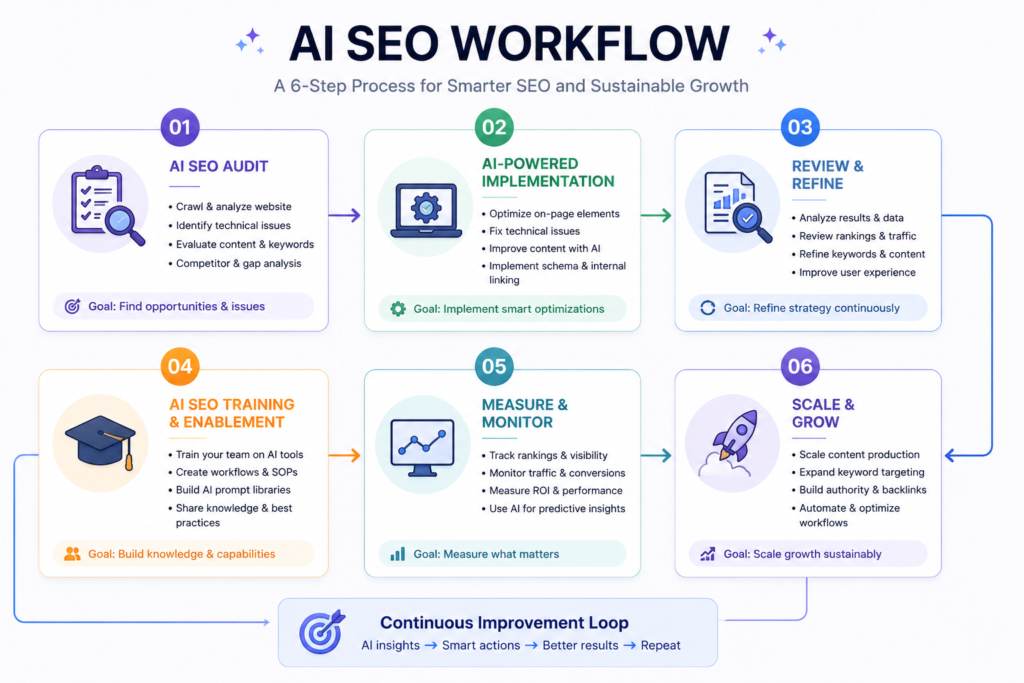 Flowchart diagram showing six-step AI SEO workflow process with icons for audit, implementation, review, training, measurement, and scaling stages