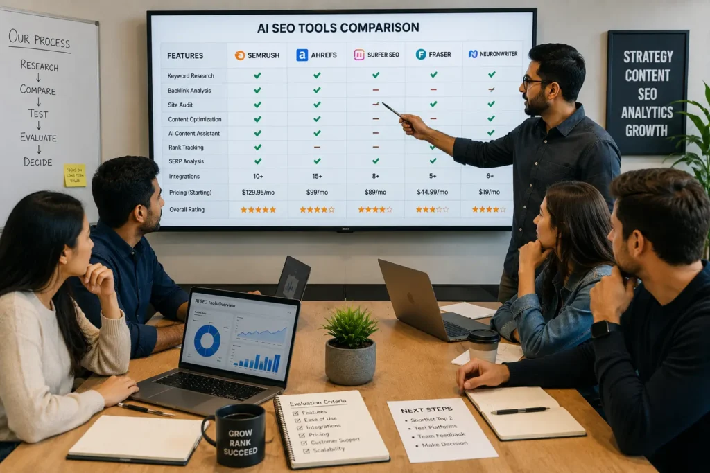 Agency team in a meeting room evaluating different software options on a large screen, comparing features and pricing charts