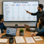 Agency team in a meeting room evaluating different software options on a large screen, comparing features and pricing charts