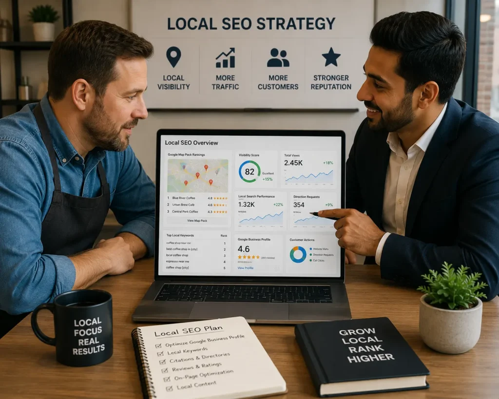 Local business owner and agency consultant reviewing a laptop screen showing a local SEO dashboard with map pack rankings and location-based keyword data