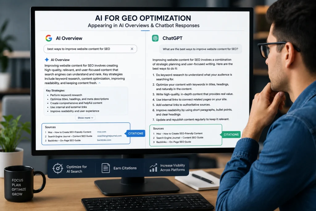 AI for GEO optimization shown across AI Overview and chatbot search results