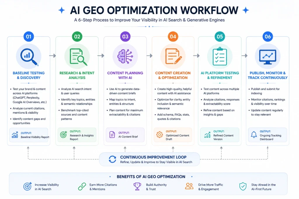 AI for GEO optimization workflow diagram showing six steps