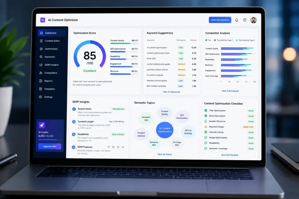 AI content optimization strategies 2026 dashboard showing keyword research and content score

