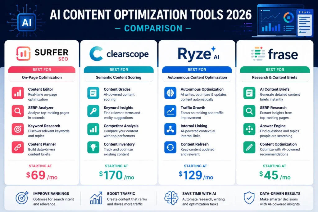 AI content optimization strategies 2026 tools comparison including Surfer SEO and Clearscope