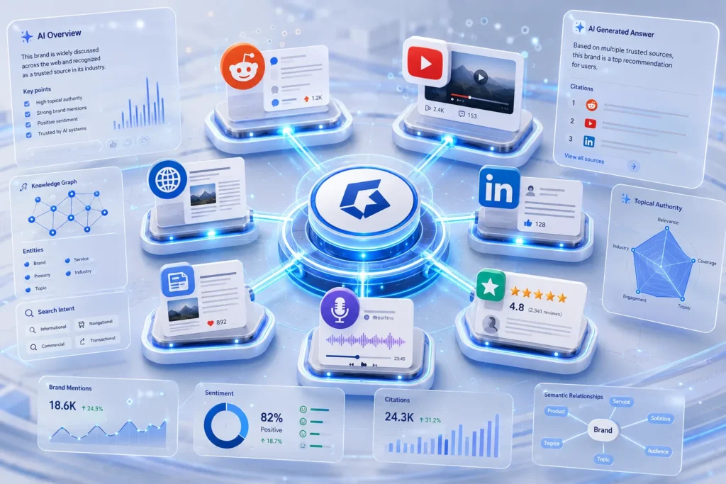 AI SEO Trends illustration showing a brand connected to Reddit, YouTube, LinkedIn, review sites, blogs, and AI search platforms to improve multi-platform SEO visibility and authority.