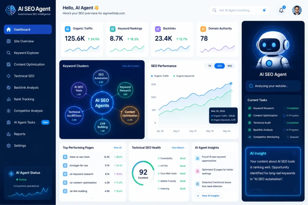 AI SEO agent dashboard analyzing keyword data and search rankings