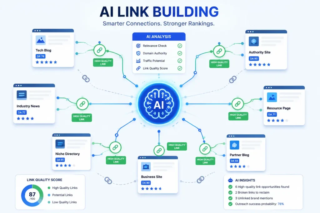 AI link building diagram showing website connections and quality analysis