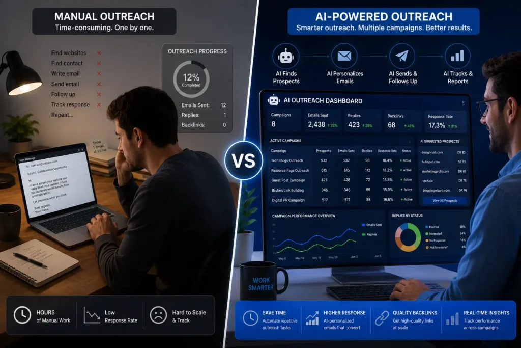 "Why AI Link Building Matters" — manual vs. AI outreach split illustration