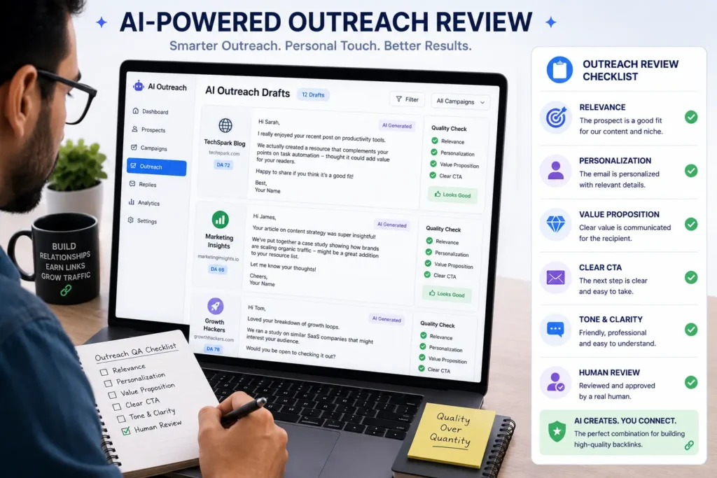  illustrationMarketer reviewing AI-generated outreach drafts for quality and relevance