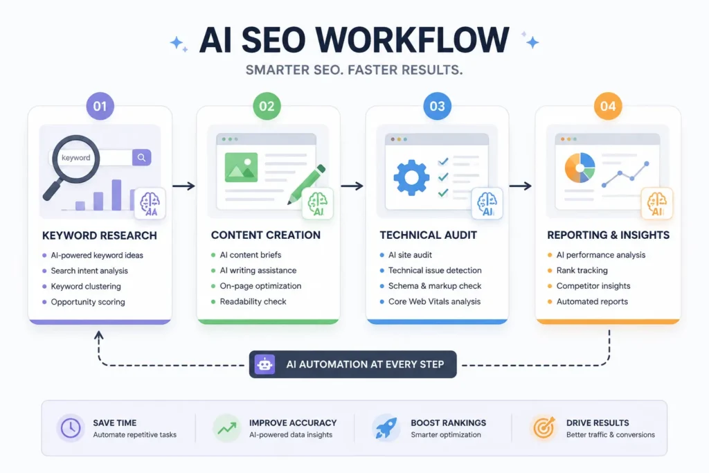 AI SEO workflow diagram showing keyword research, content, and technical audit stages
