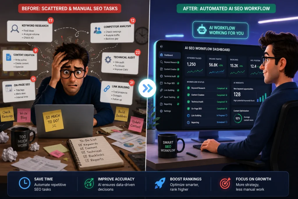 Marketer comparing manual SEO tasks to an automated dashboard view