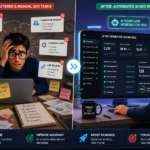 Marketer comparing manual SEO tasks to an automated dashboard view