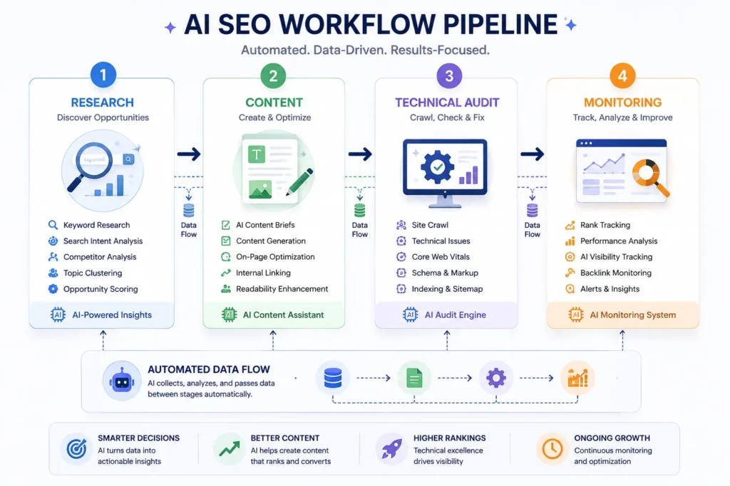 Four-stage SEO pipeline showing research, content, audit, and monitoring flow