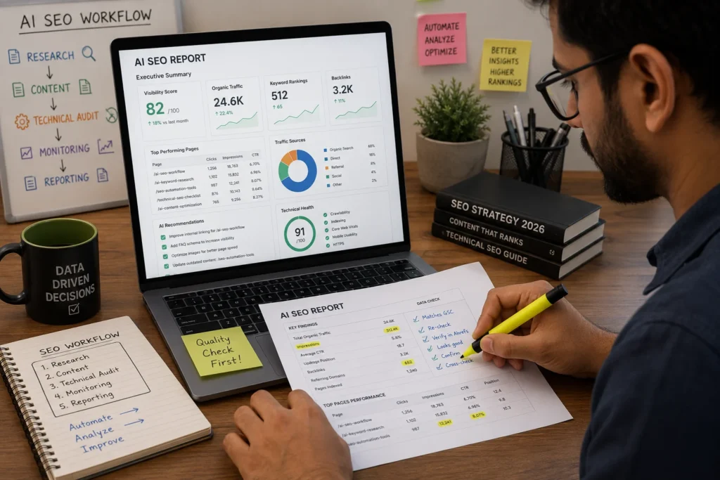 Editor reviewing an AI-generated SEO report before publishing