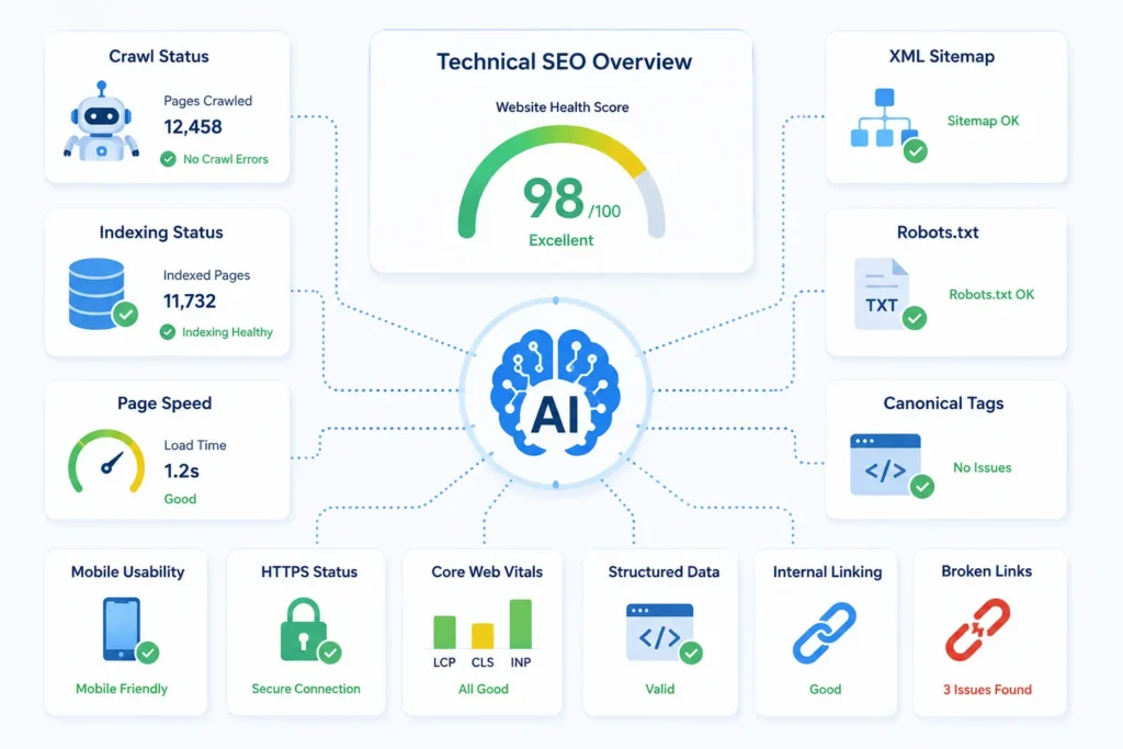 AI technical SEO dashboard showing crawl status, indexing, and page speed health