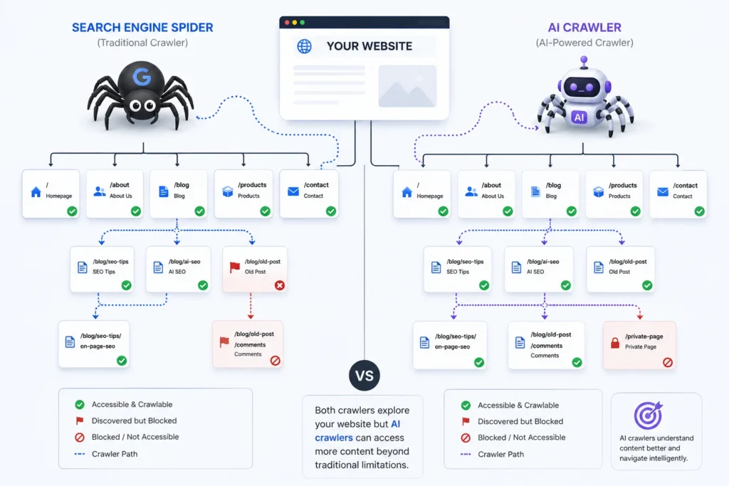 Search engine and AI crawlers navigating a site, with accessible and blocked pages marked