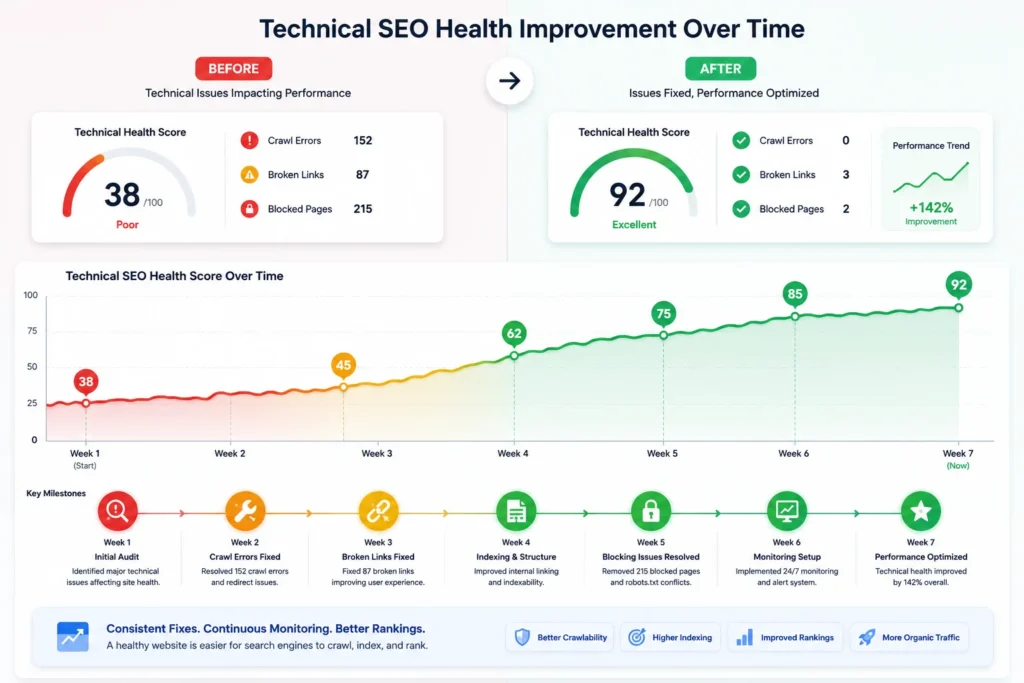 Website technical health score improving over time on a dashboard graph