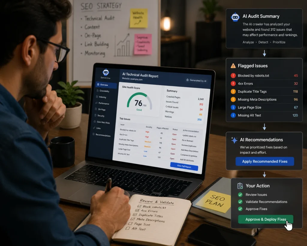 SEO specialist reviewing an AI-generated technical audit report before approving fixes