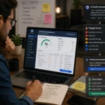 SEO specialist reviewing an AI-generated technical audit report before approving fixes